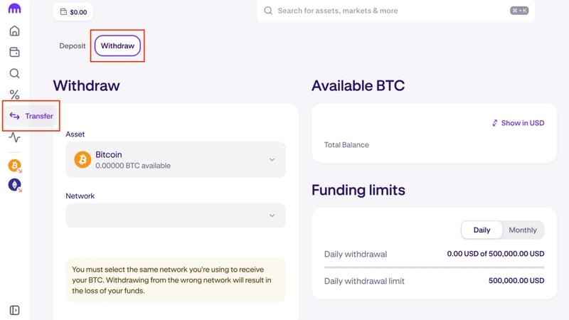 Offizieller Kraken-Abhebungsbildschirm, der die Asset- und Netzwerkfelder zeigt, die vor dem Senden an MetaMask überprüft werden müssen