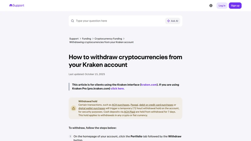 Artículo de soporte de Kraken que muestra el flujo de trabajo de retiro de cripto