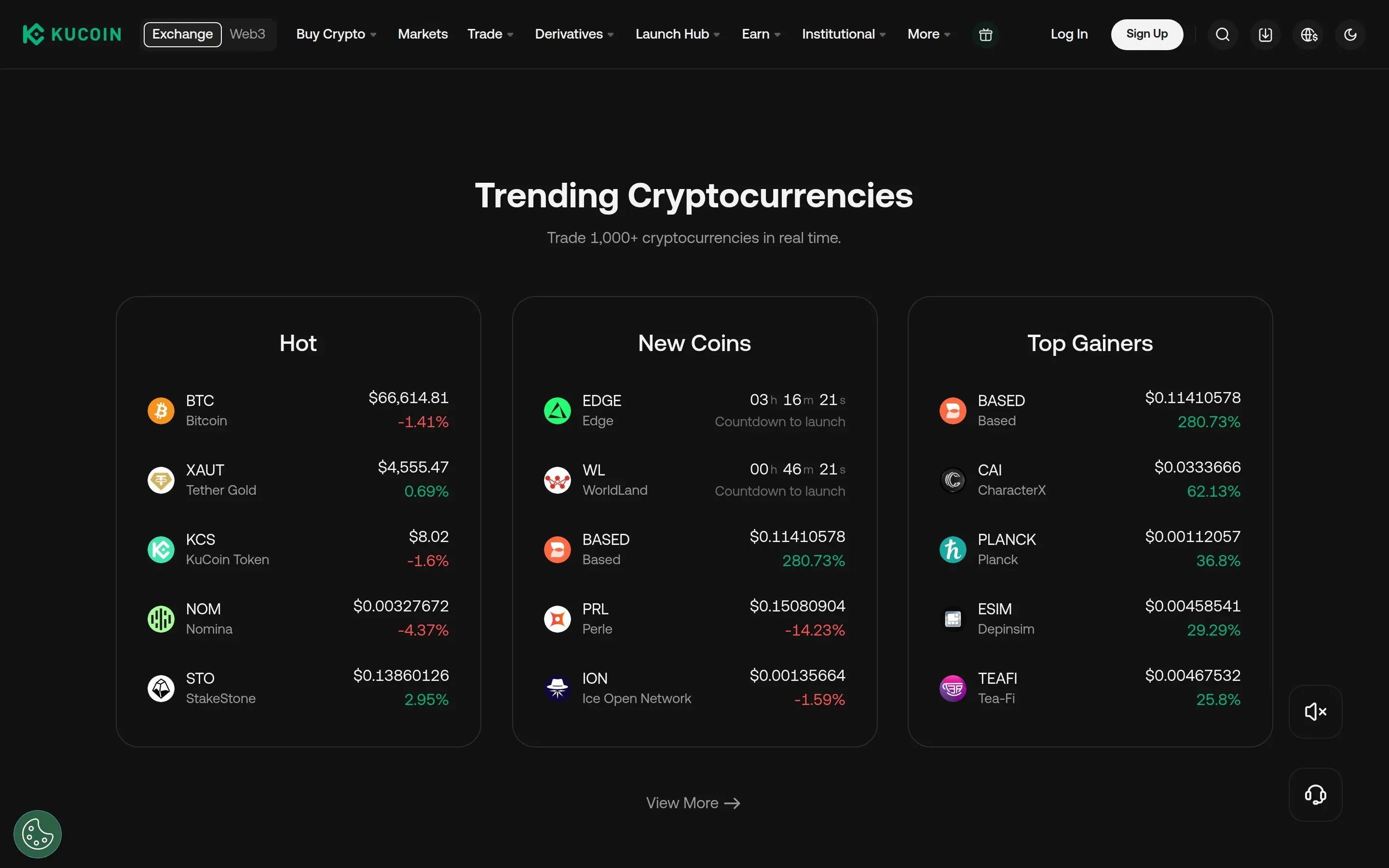 Página inicial da exchange KuCoin