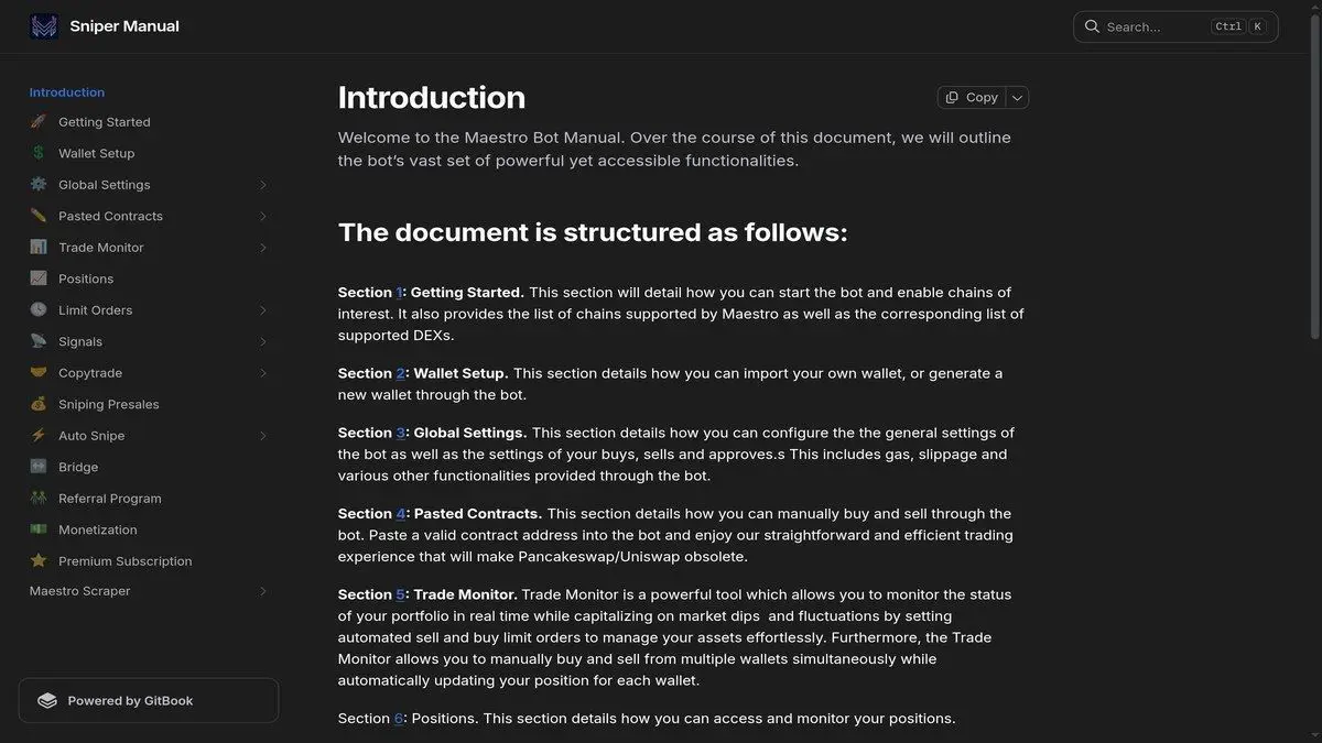 Official Maestro documentation homepage used as a starting reference for bot setup