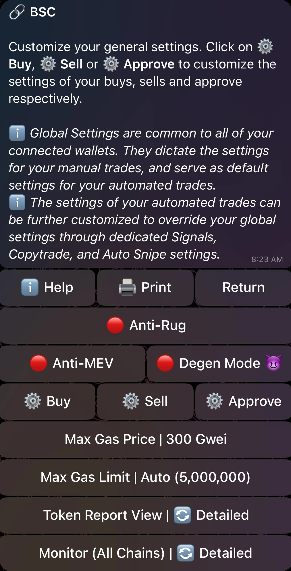 Maestro global settings screen in Telegram showing general buy sell and approve settings