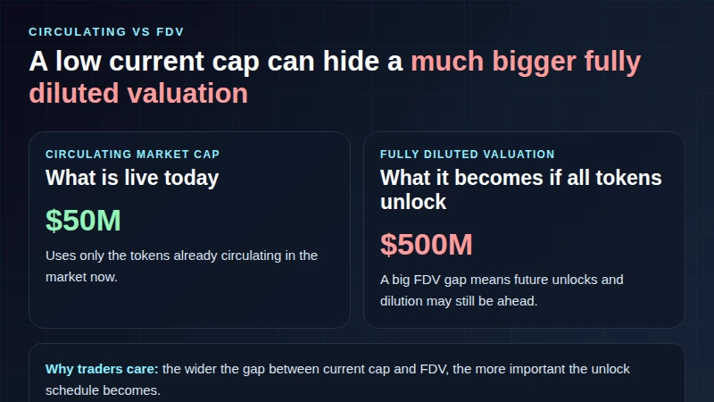 Conceptual visual comparing current market cap with fully diluted valuation in crypto