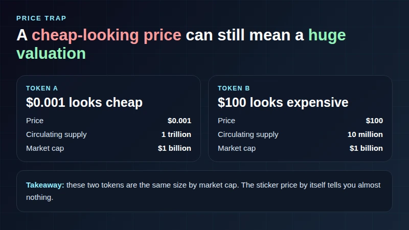 Conceptual visual comparing two tokens with very different prices but the same market cap