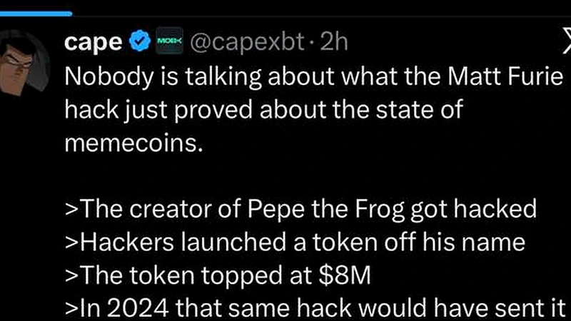 Matt Furieのハッキングがメモコイン需要の弱さとスーパサイクルの勢いの低下を暴露したと主張するソーシャル投稿