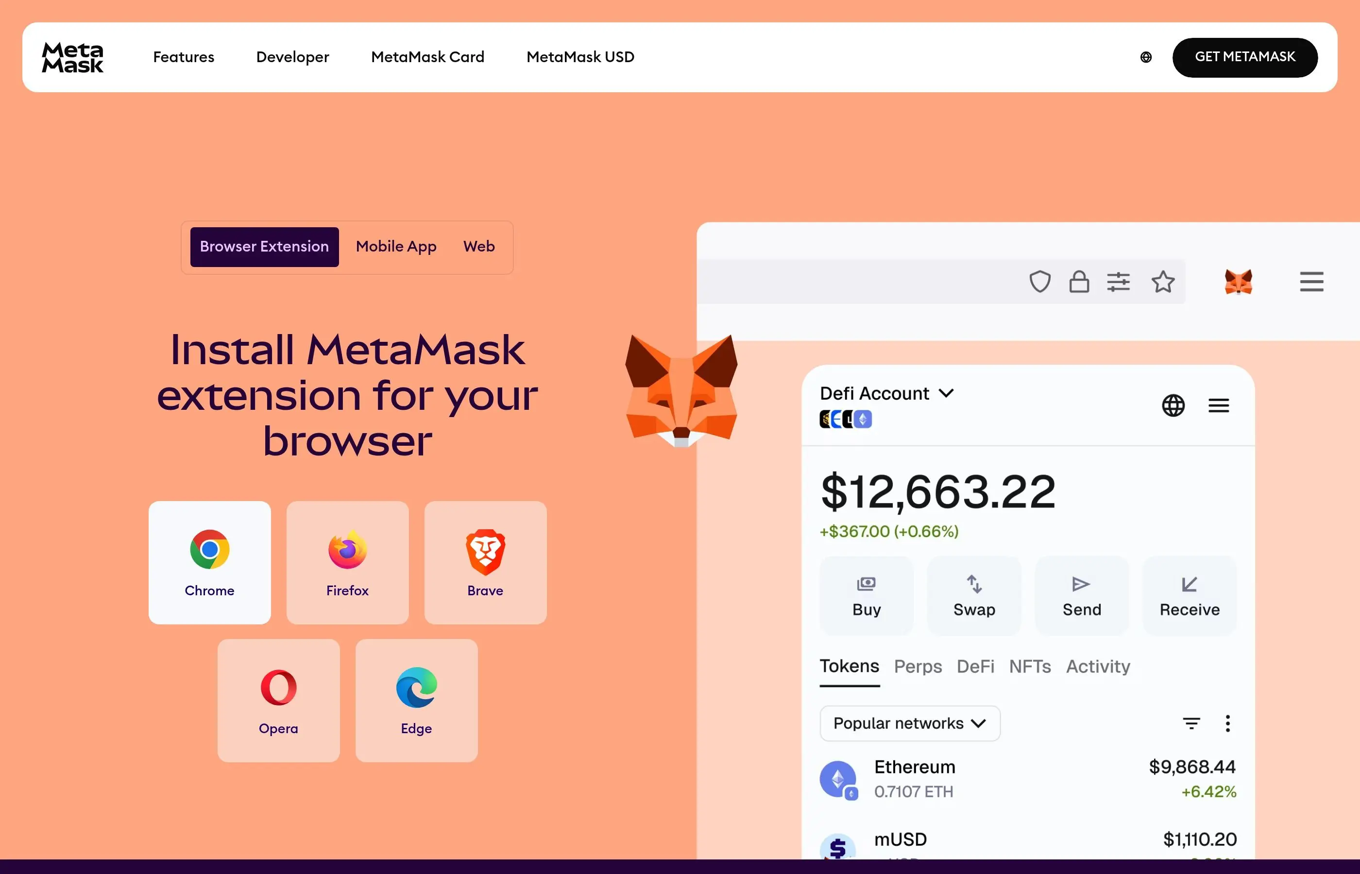 ブラウザとモバイル用のMetaMaskウォレットダウンロードページ