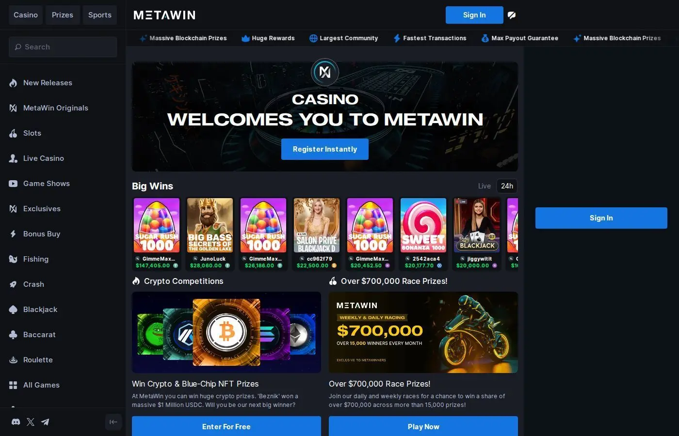 MetaWin Casino-Seite zeigt große Gewinne Karussell und 700K wöchentliche Rennen