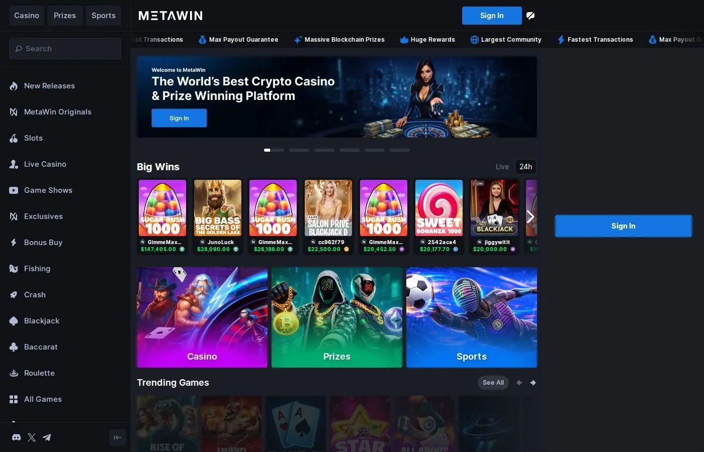MetaWin Homepage zeigt große Gewinne von 147.000 $ und trendende Spiele