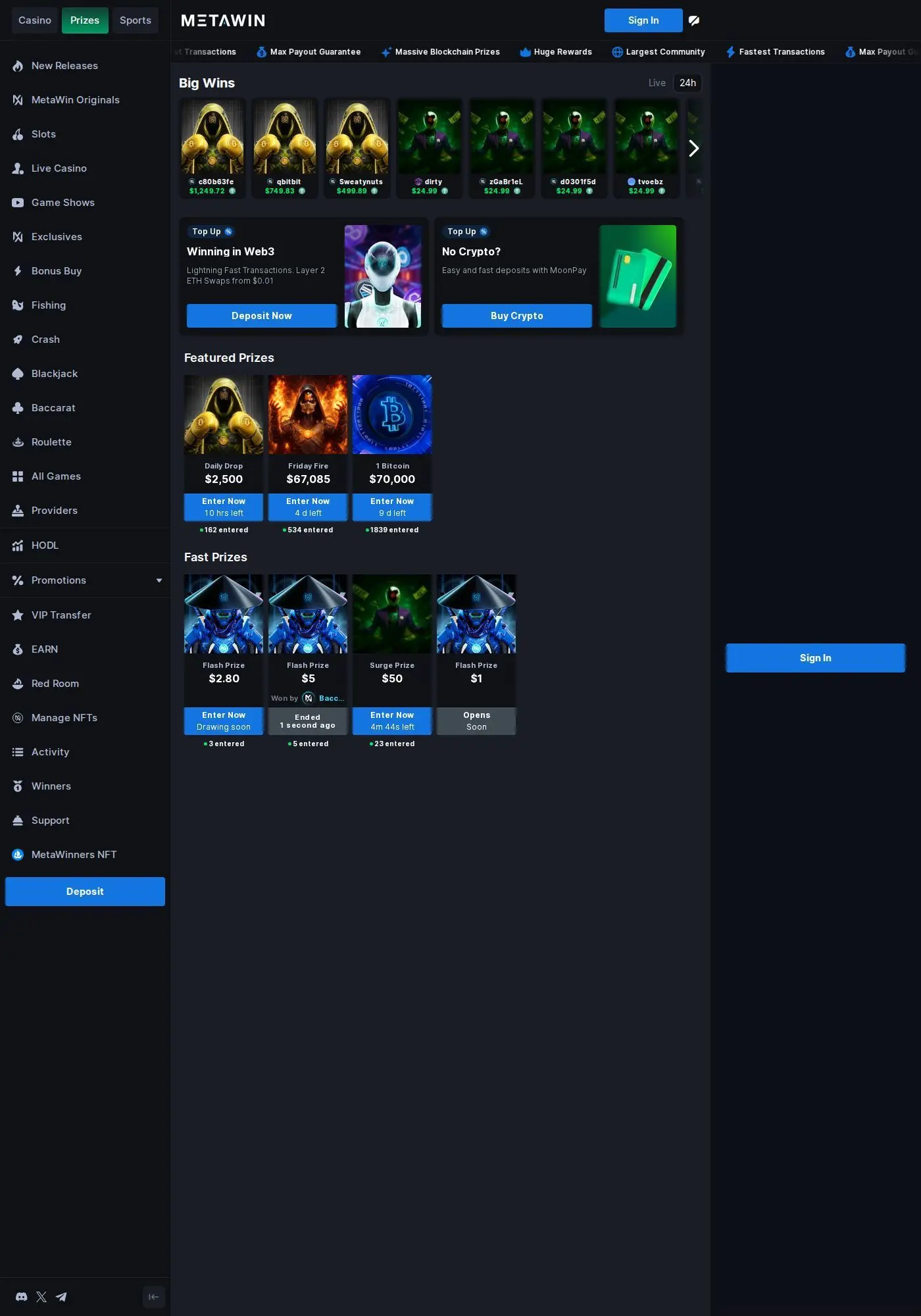 MetaWin Preise-Seite zeigt 2.500 $ Daily Drop und 70K Bitcoin-Wettbewerbe