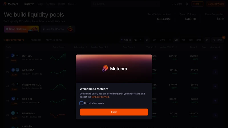 Meteoraのホームページ、Solanaに焦点を当てたDeFi製品エコシステム