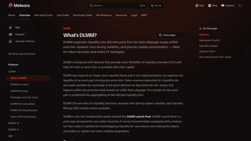 Meteora DLMM documentation page explaining price bins and dynamic fees