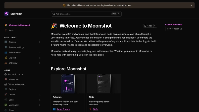 Moonshot-Support-Center-Seite, die App-Bereiche wie Anmeldung, Einzahlung, Abhebung und Erkundung zeigt