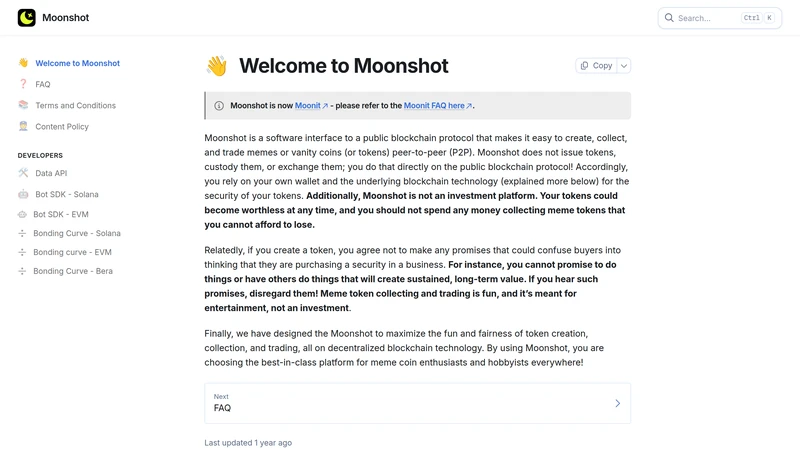 Moonshot-Dokumentenseite, die die App als Blockchain-Schnittstelle und nicht als Investitionsplattform beschreibt
