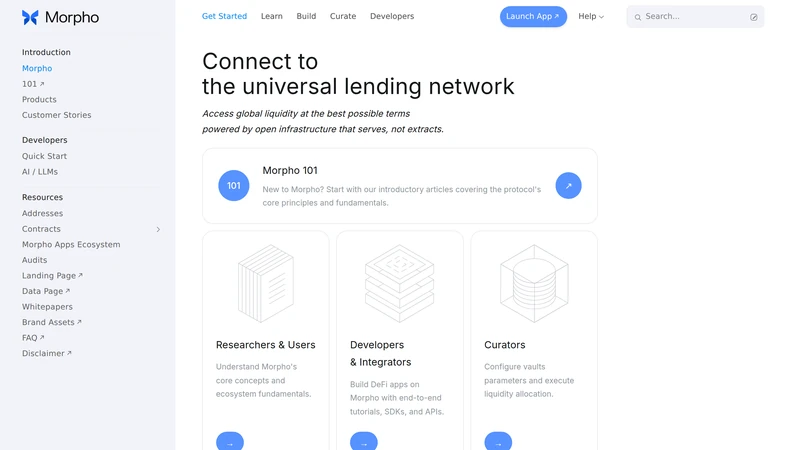 Page de documentation de Morpho présentant le réseau de prêt universel et les parcours d'apprentissage pour les utilisateurs et les développeurs