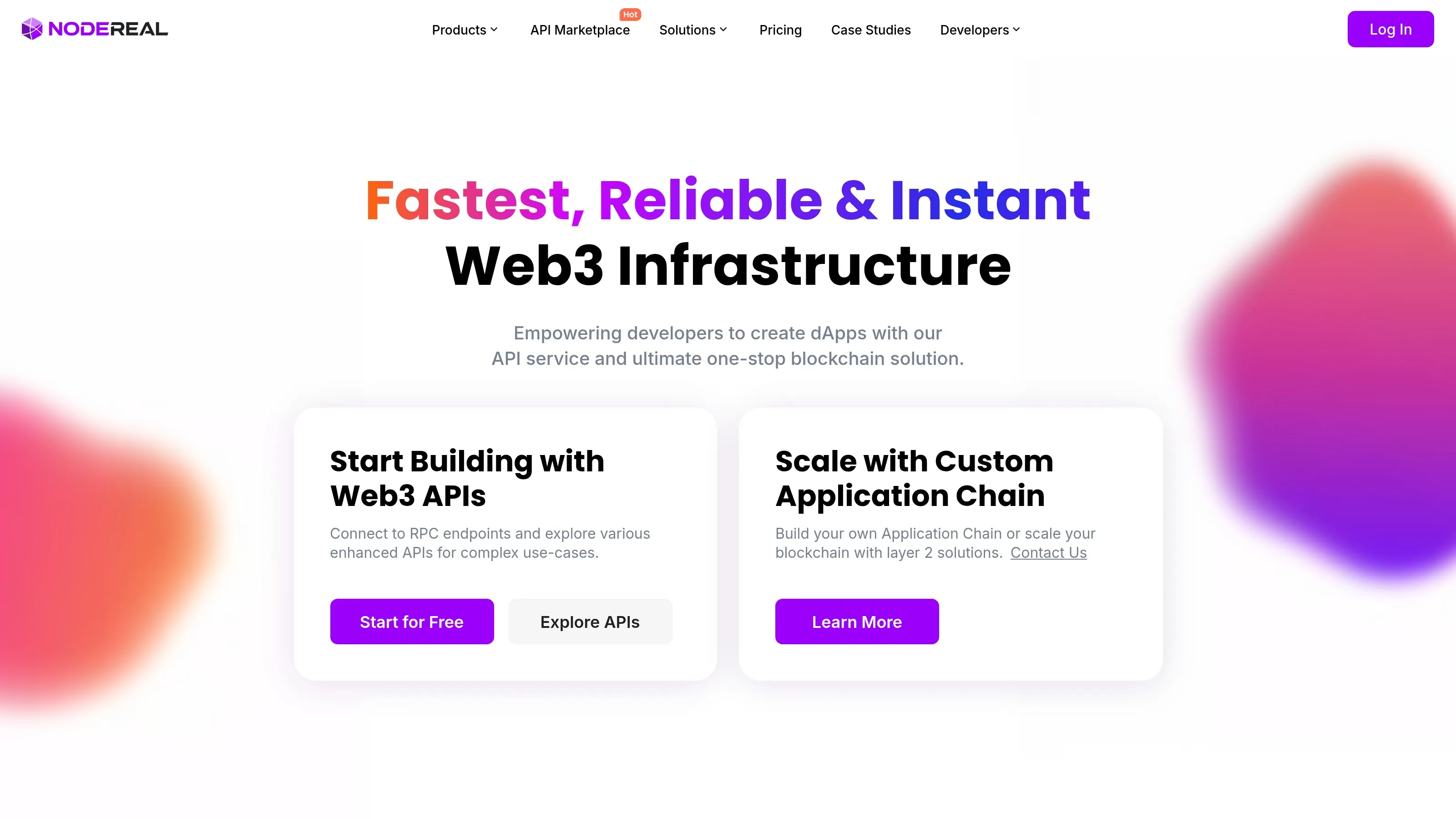 Página de inicio de NodeReal que muestra mensajes integrales del proveedor de infraestructura blockchain.