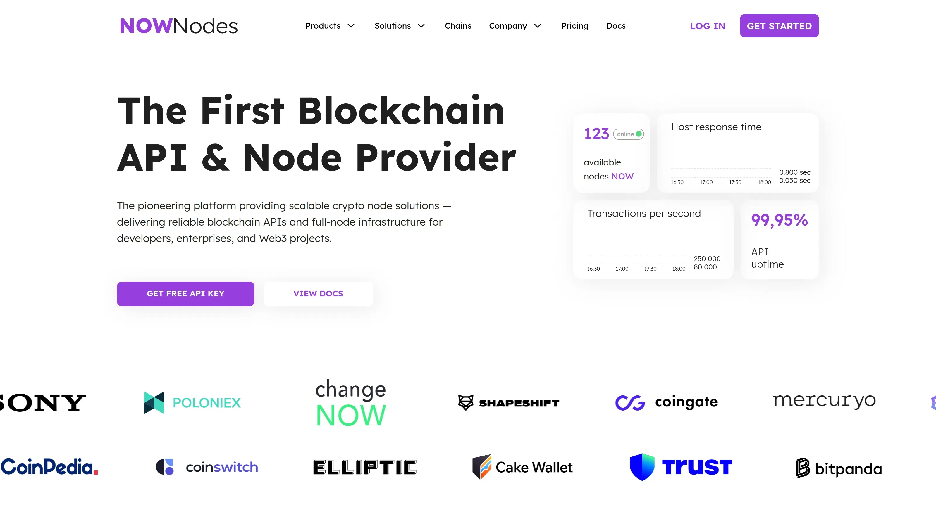 NOWNodes のホームページには、ブロックチェーン API とノード プロバイダーのメッセージングが表示されます。