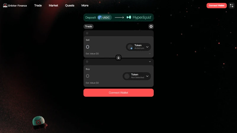 Interfaz del puente de Orbiter Finance mostrando una ruta de Ethereum a Arbitrum