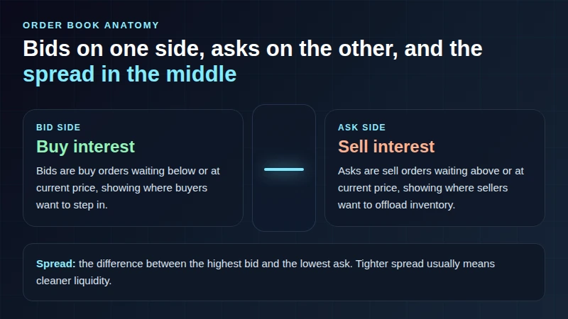 Visual conceitual mostrando o lado da oferta, lado do pedido e spread em um livro de ordens de criptomoedas