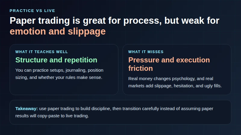 Konzeptionelle Visualisierung, die die Stärken und Schwächen von Paper-Trading im Vergleich zu Live-Trading zeigt