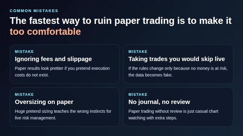 Konzeptionelles Bild, das häufige Fehler zeigt, die das Papiertrading unrealistisch machen