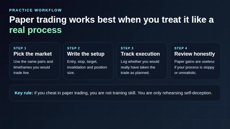 Konzeptionelle Visualisierung, die den grundlegenden Workflow für Paper-Trading in Krypto zeigt