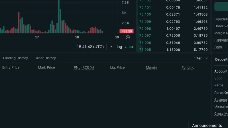 Hyperliquid-Positionsbereich, der Tabs, eine PNL-Spalte und abschnittsartige Bestellhistorien auf einer Krypto-Handelsoberfläche zeigt