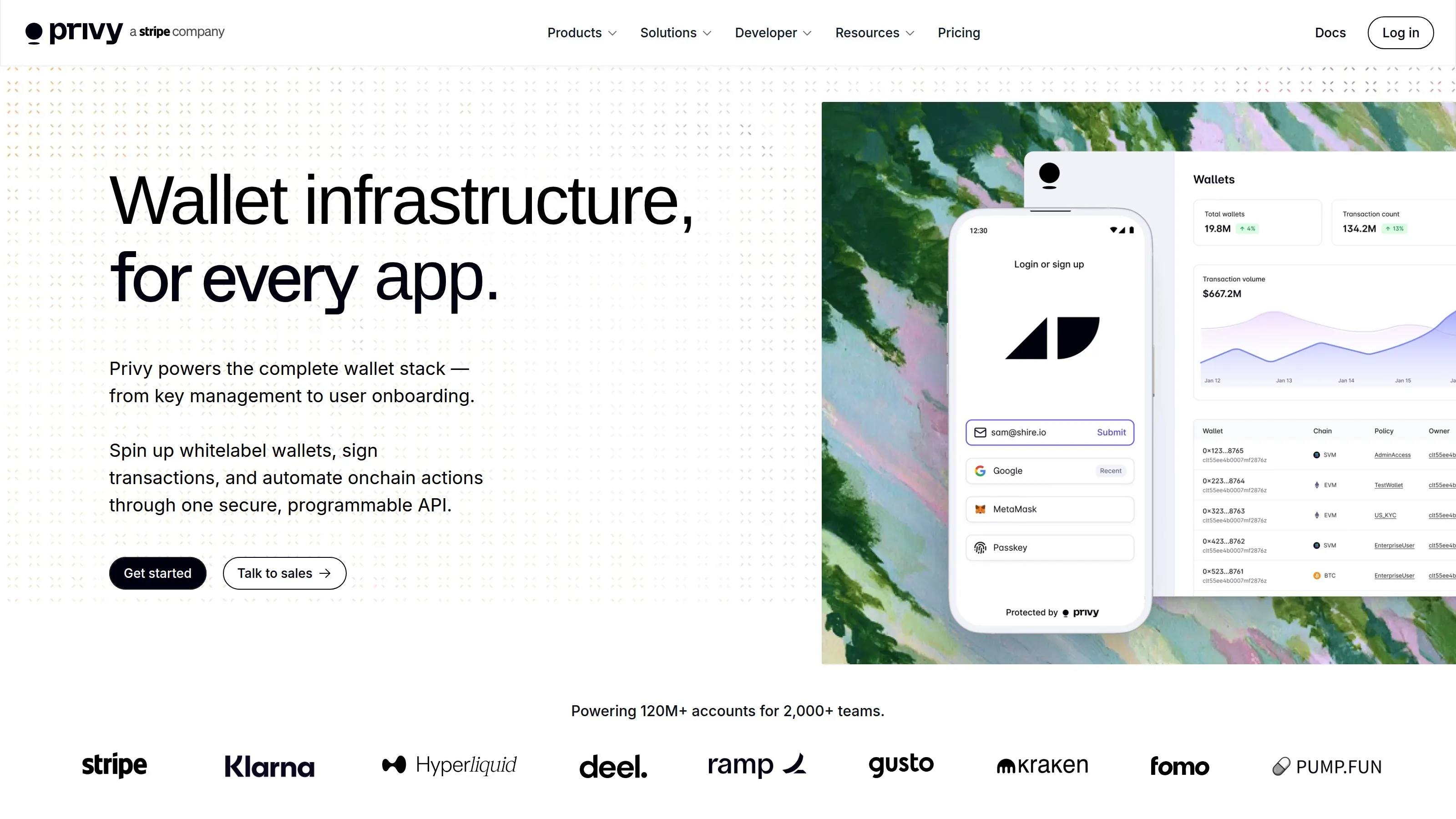 Privy homepage showing wallet infrastructure, onboarding and embedded wallet tooling.