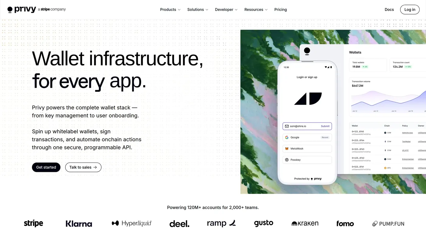 Privy homepage showing wallet infrastructure, onboarding and embedded wallet features.