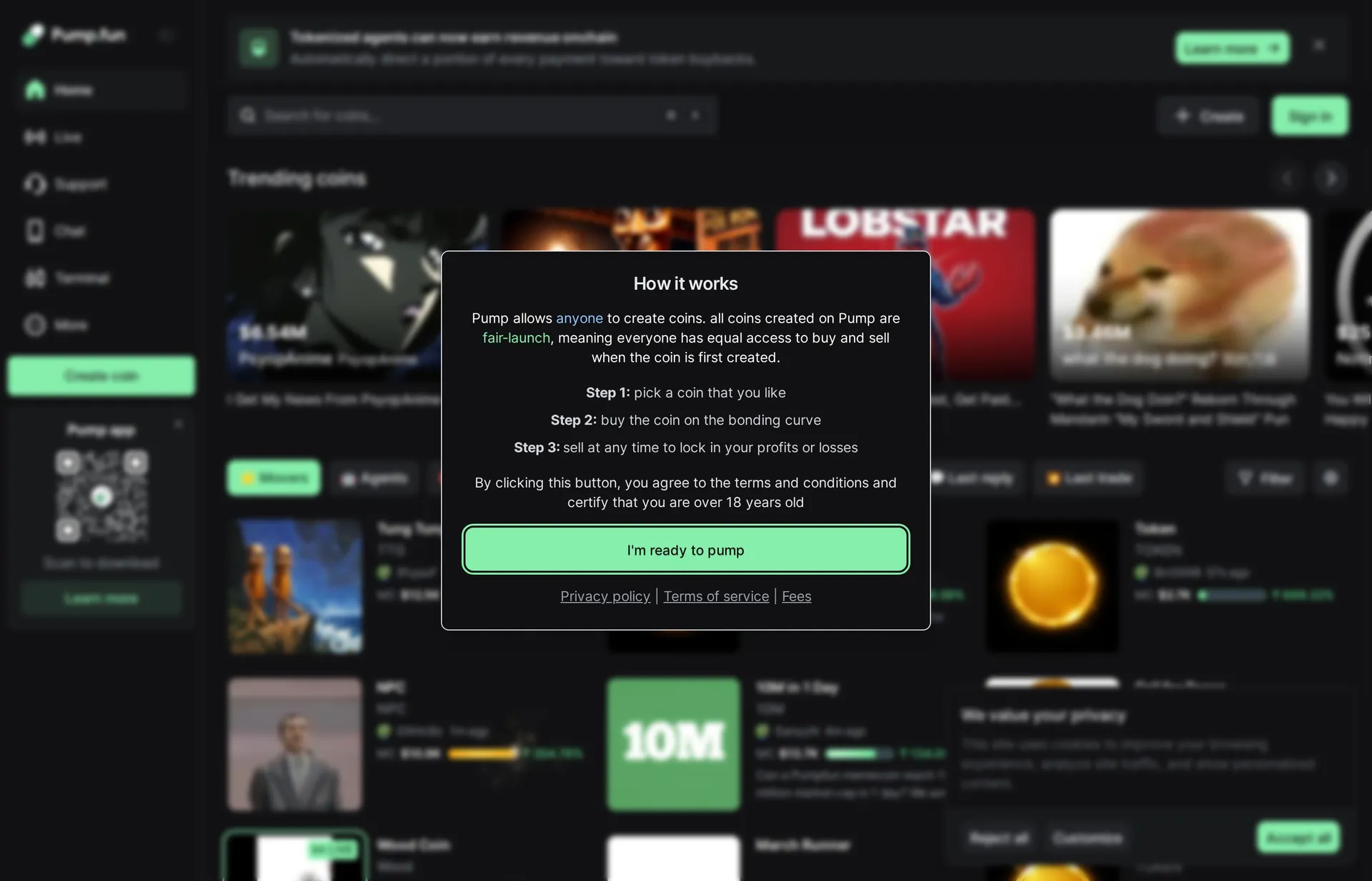 Tableau des tendances de Pump.fun montrant les memecoins Solana les plus performants avec des volumes de trading et des capitalisations boursières