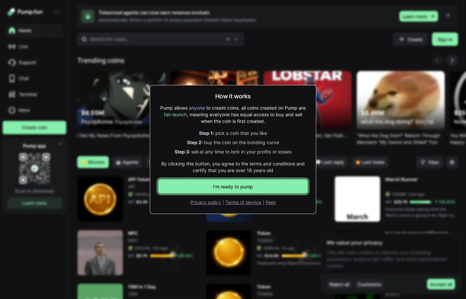 Page d'accueil de Pump.fun montrant l'interface de lancement de memecoins Solana avec les derniers lancements de tokens