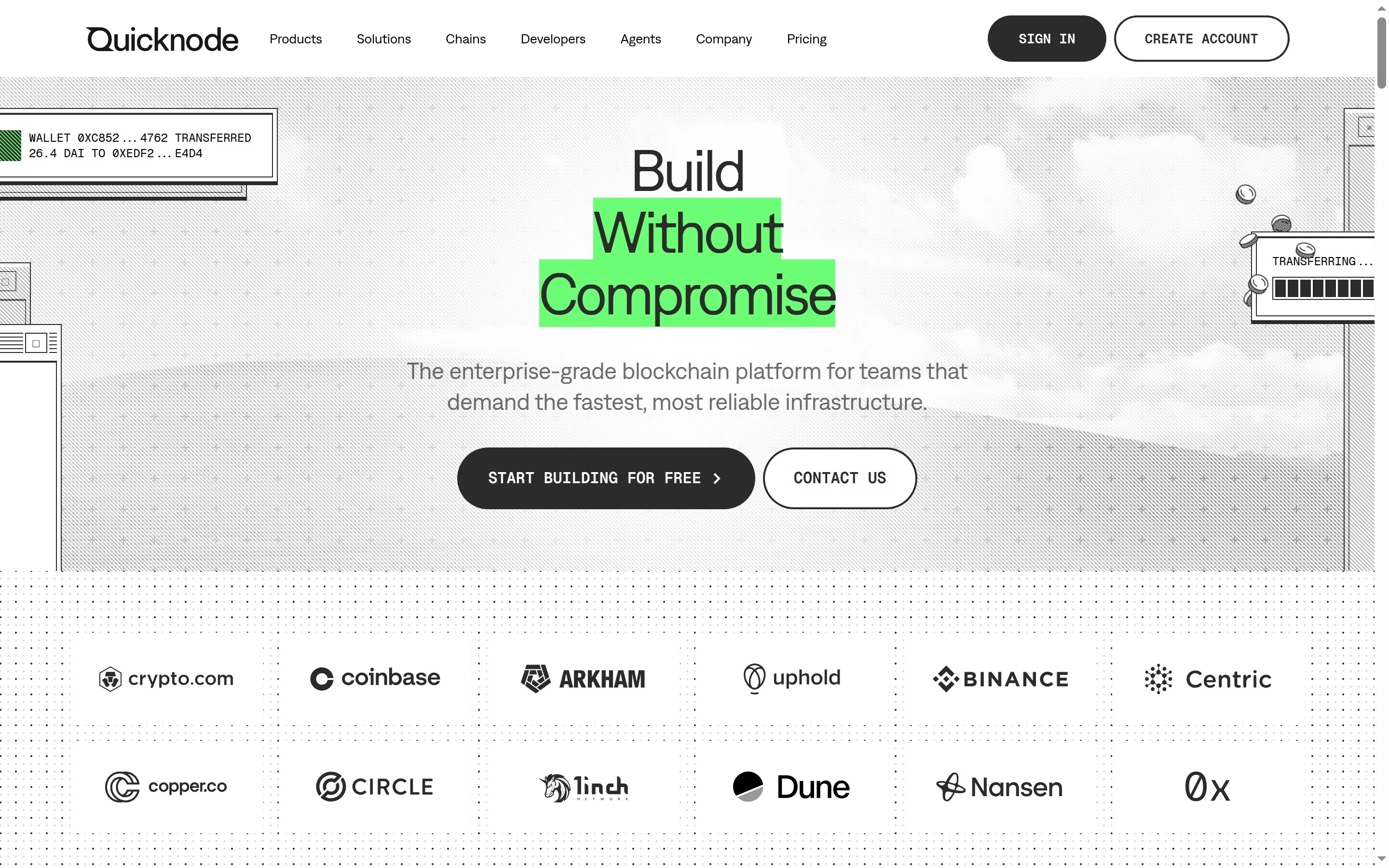 QuickNode homepage highlighting blockchain infrastructure and developer access.