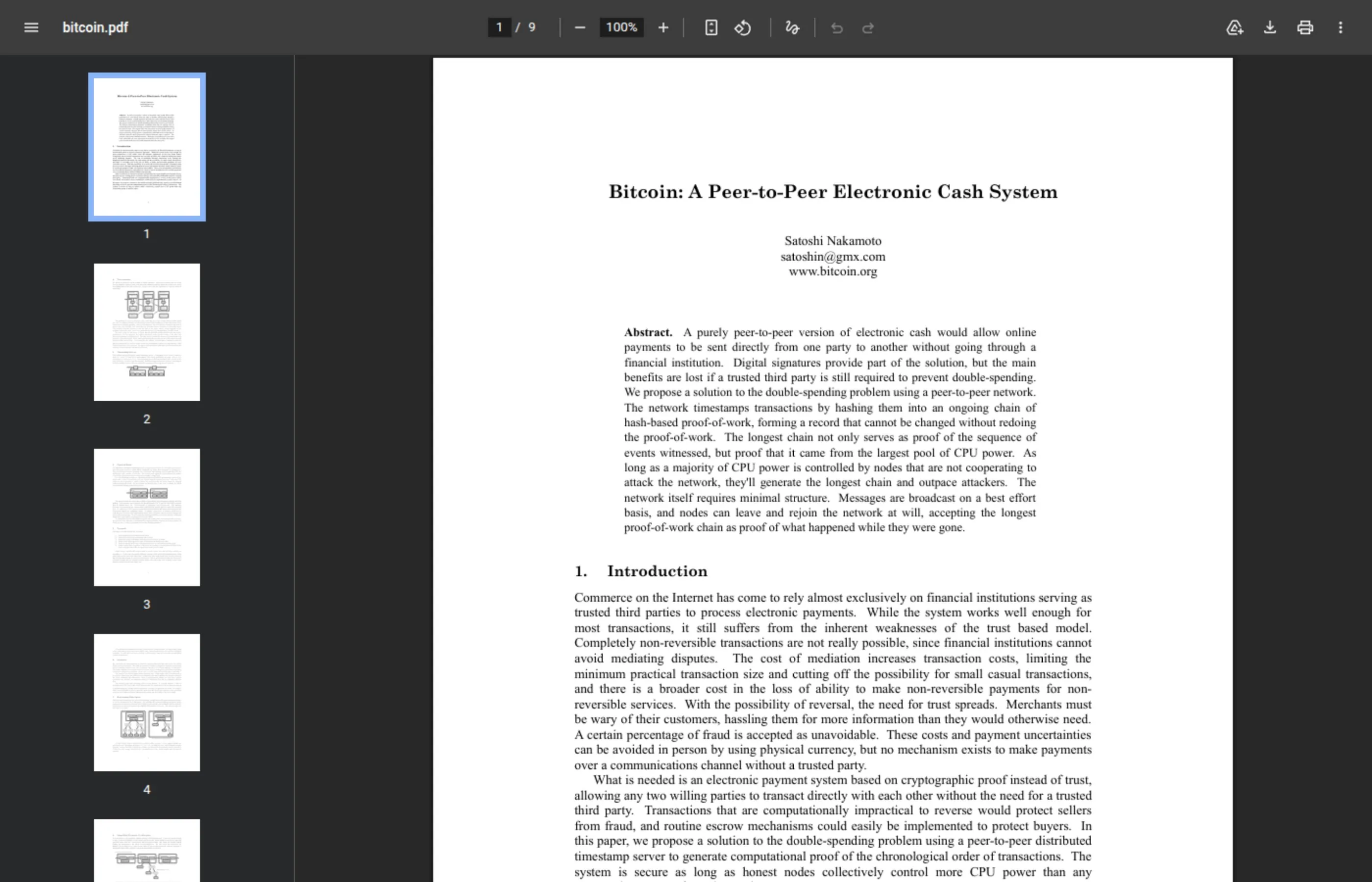 Bitcoin whitepaper by Satoshi Nakamoto explaining how cryptocurrency transactions work