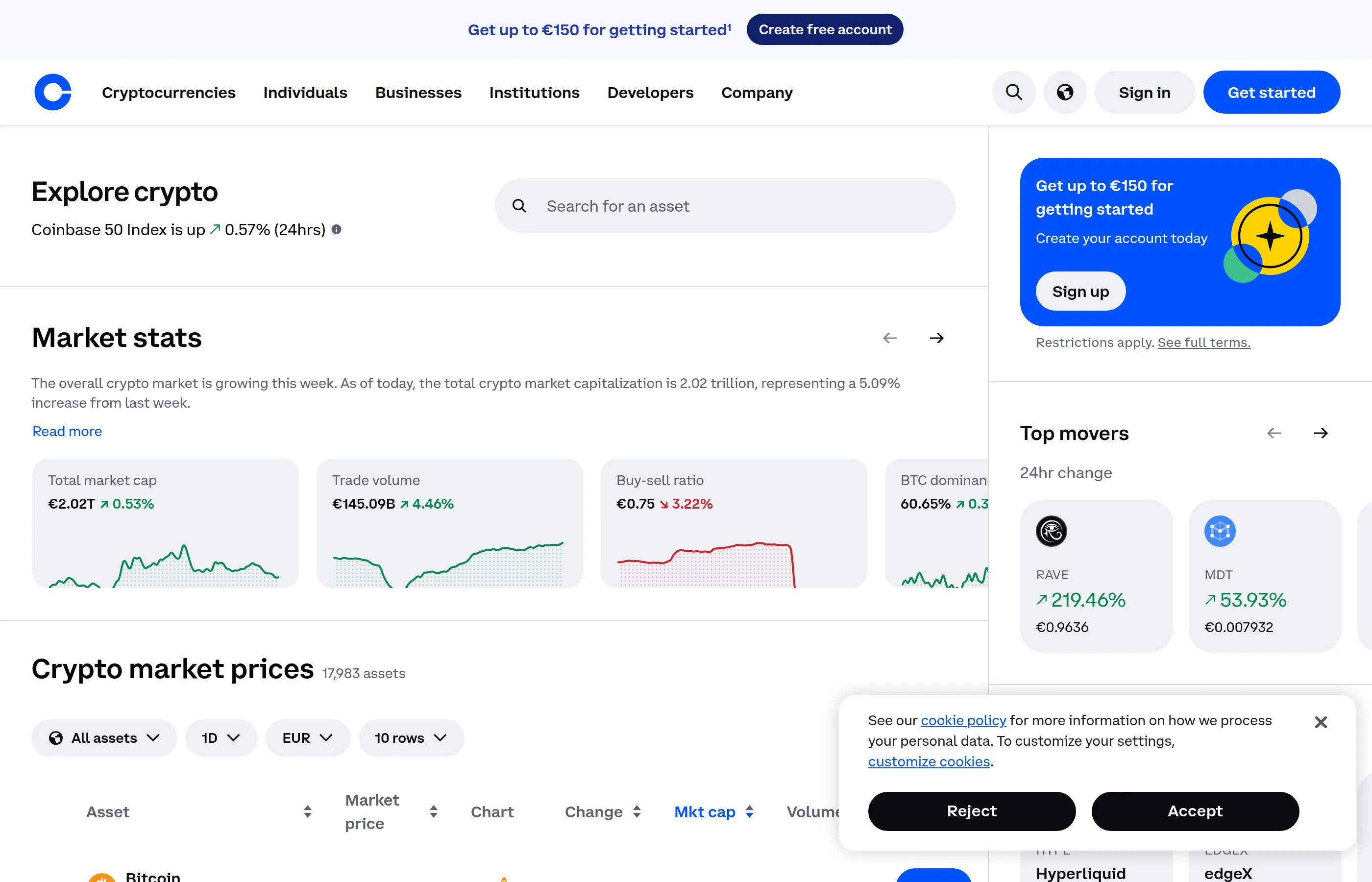 Coinbase Explore page showing cryptocurrency investment options and trending coins