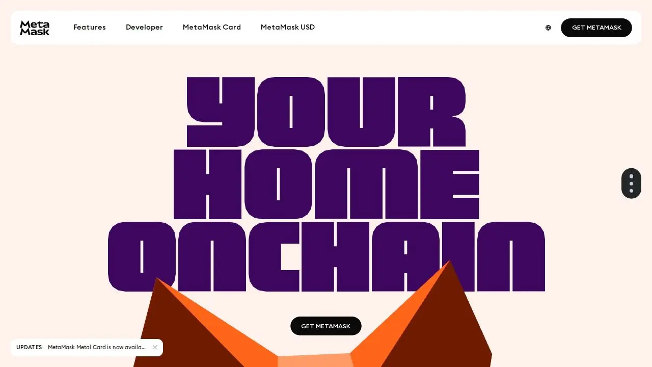 MetaMask wallet homepage showing the browser extension for managing private keys