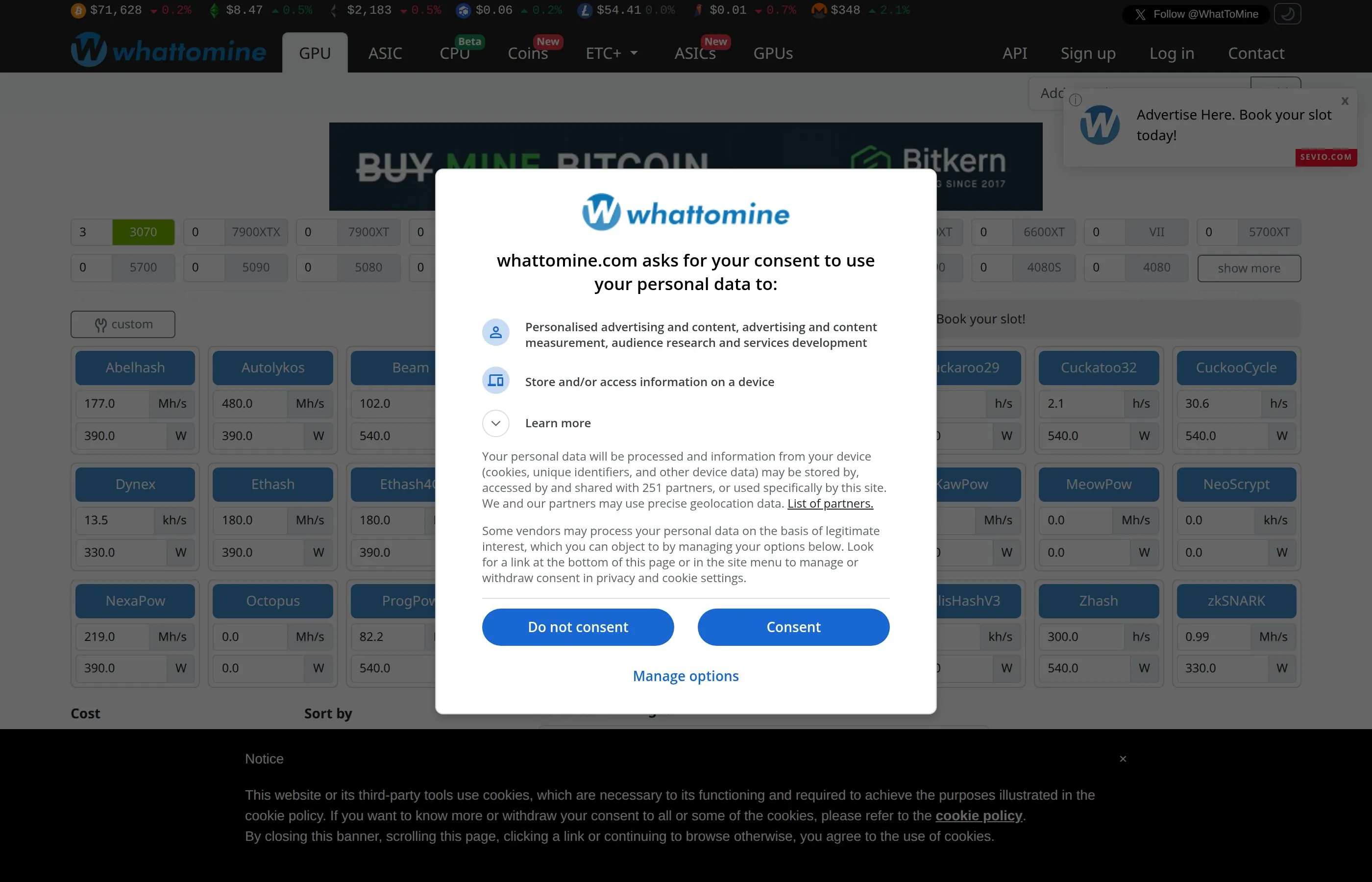 WhatToMine cryptocurrency mining profitability calculator for GPU and ASIC miners