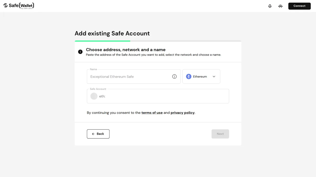 주소와 네트워크로 기존 Safe 계정을 추가하는 실제 Safe Wallet 화면