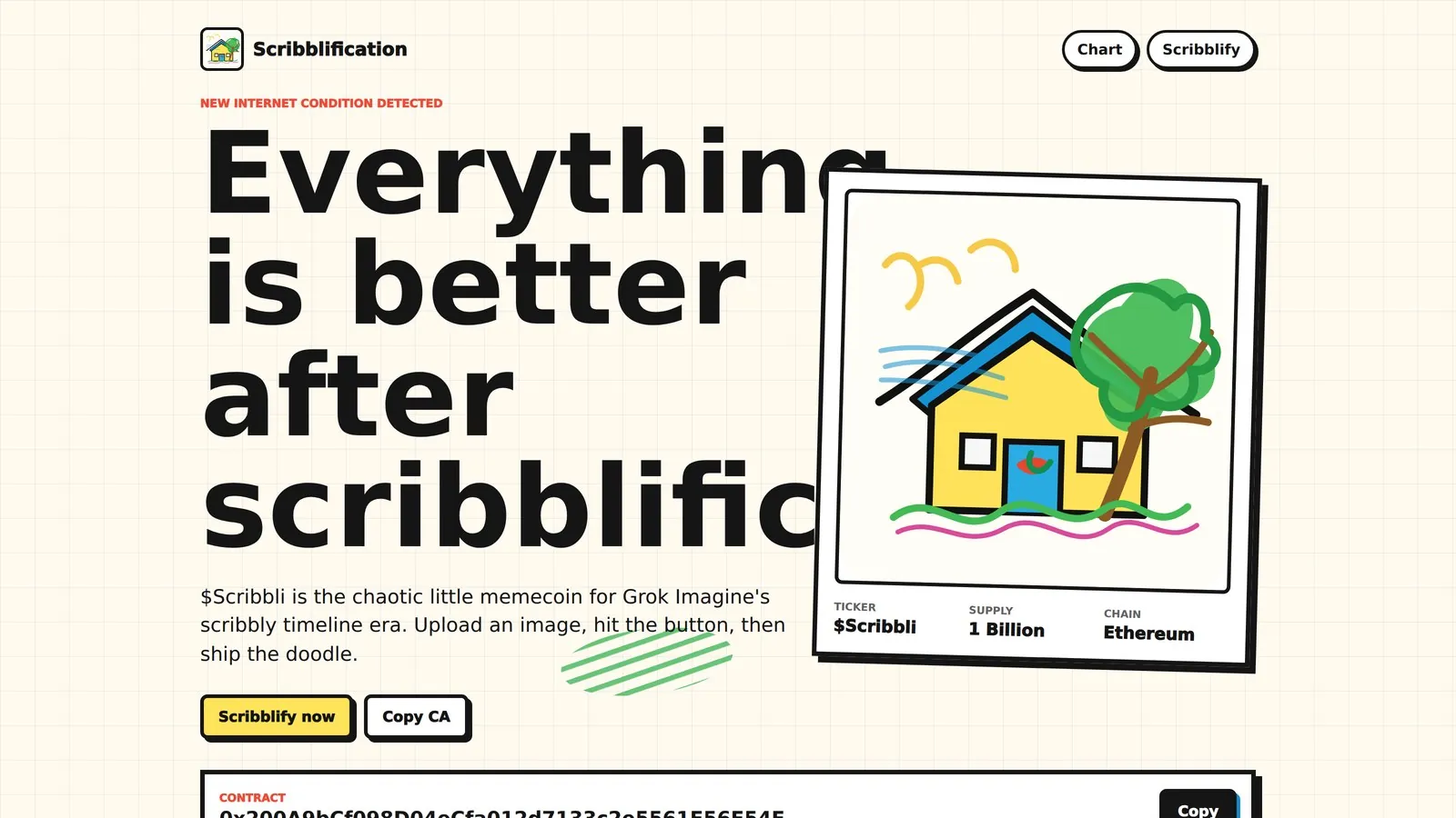 Scribblification project site showing the Ethereum contract and Grok-themed branding