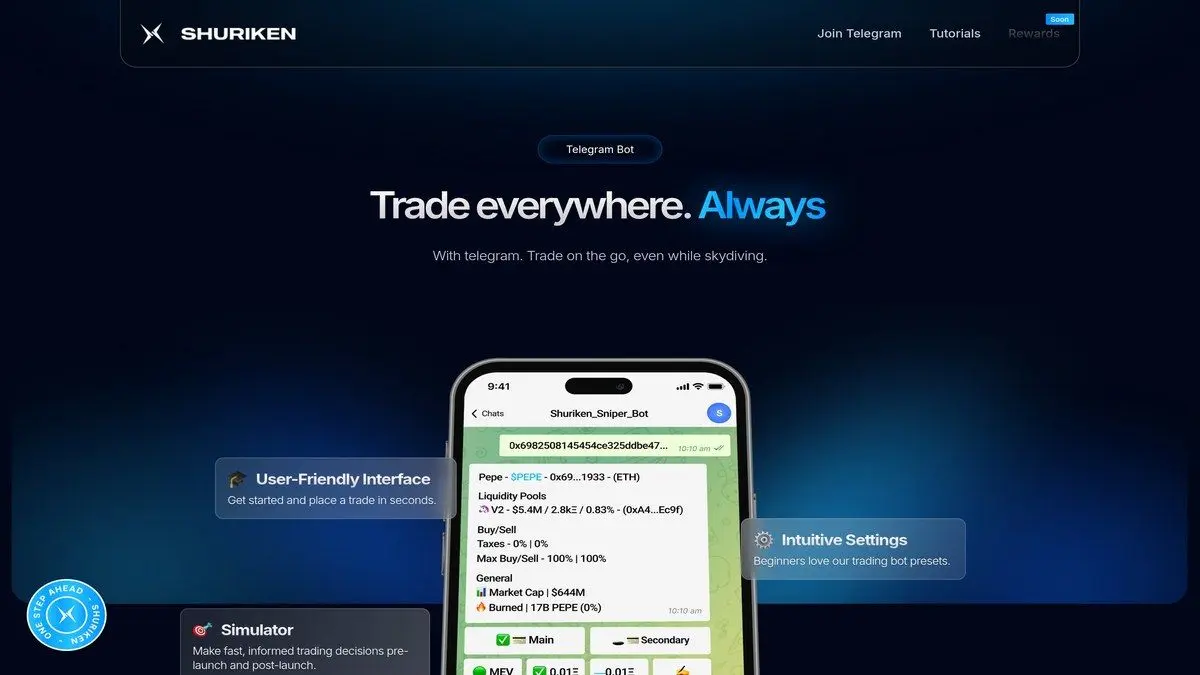 Shuriken real website screenshot for Telegram trading bot tutorial