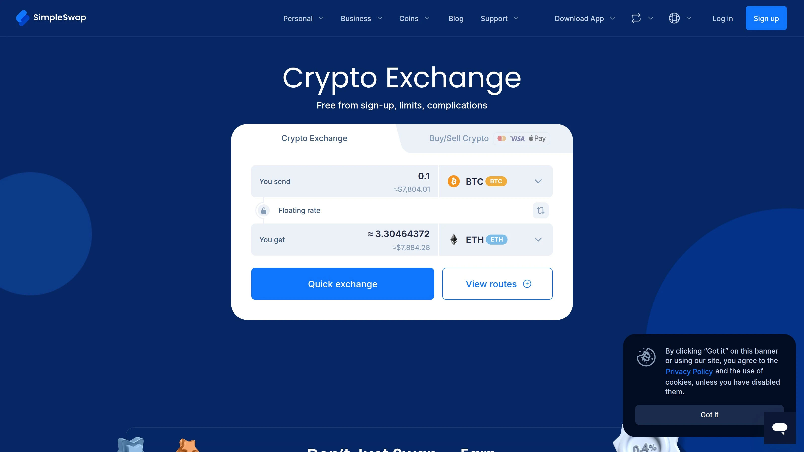 SimpleSwap-Homepage-Bereich, der keine Anmeldung, nicht verwahrende Nutzung und breite Vermögensauswahl hervorhebt