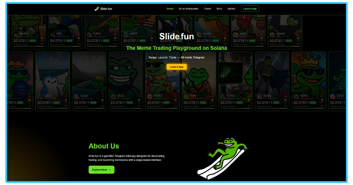Slide.fun home feed showing trending memecoins on Solana