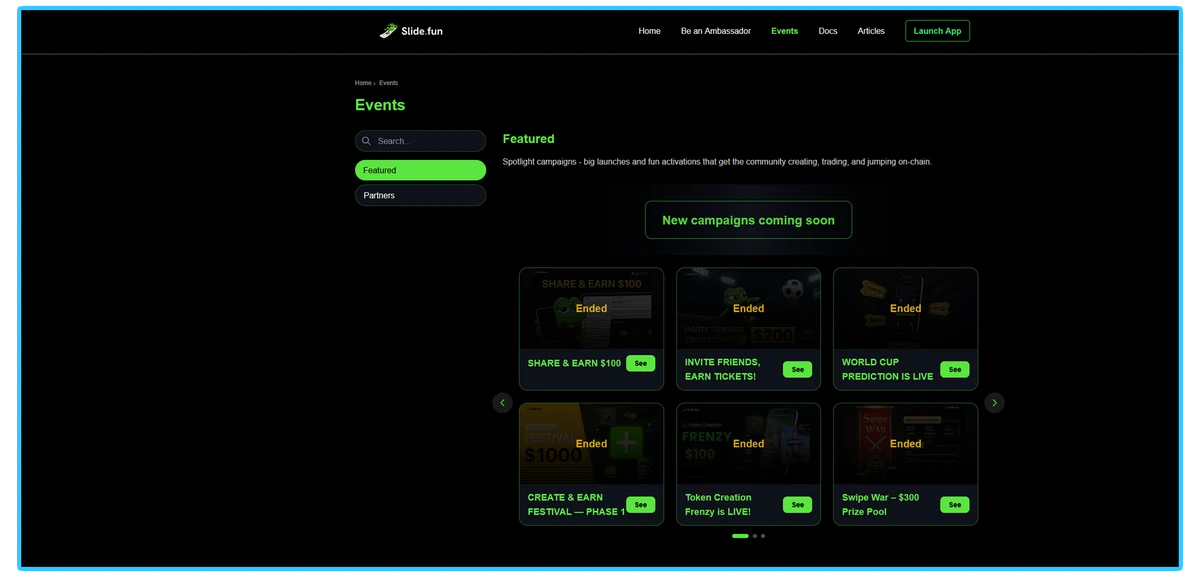 Slide.fun events and campaigns page with community quests and rewards