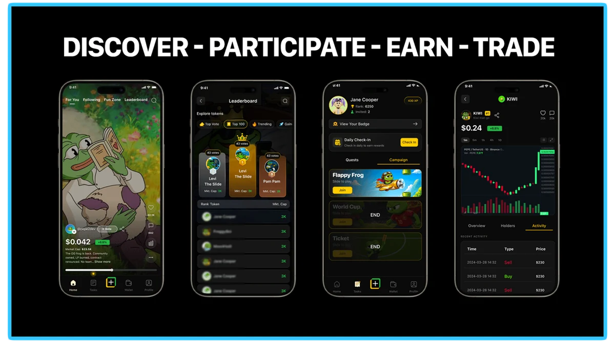 Slide.fun app screens: discover, participate, earn and trade
