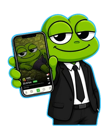 Slide.fun mascot, a suited frog holding a phone running the app