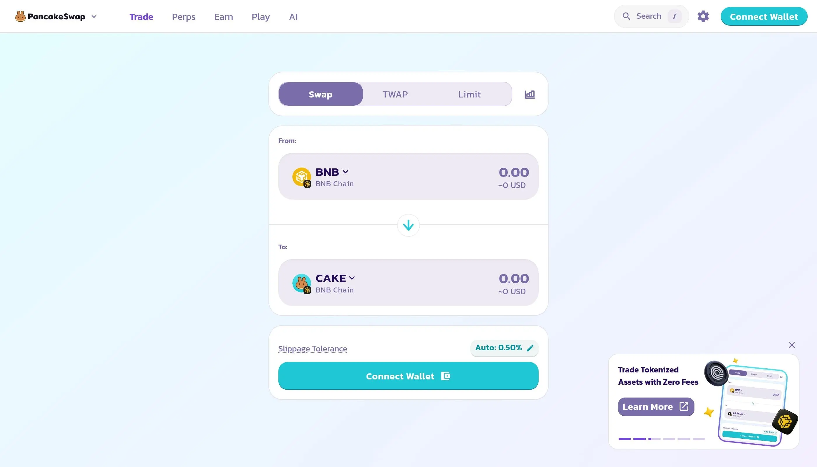 PancakeSwap DEX swap interface on BNB Chain showing slippage tolerance and expert mode settings