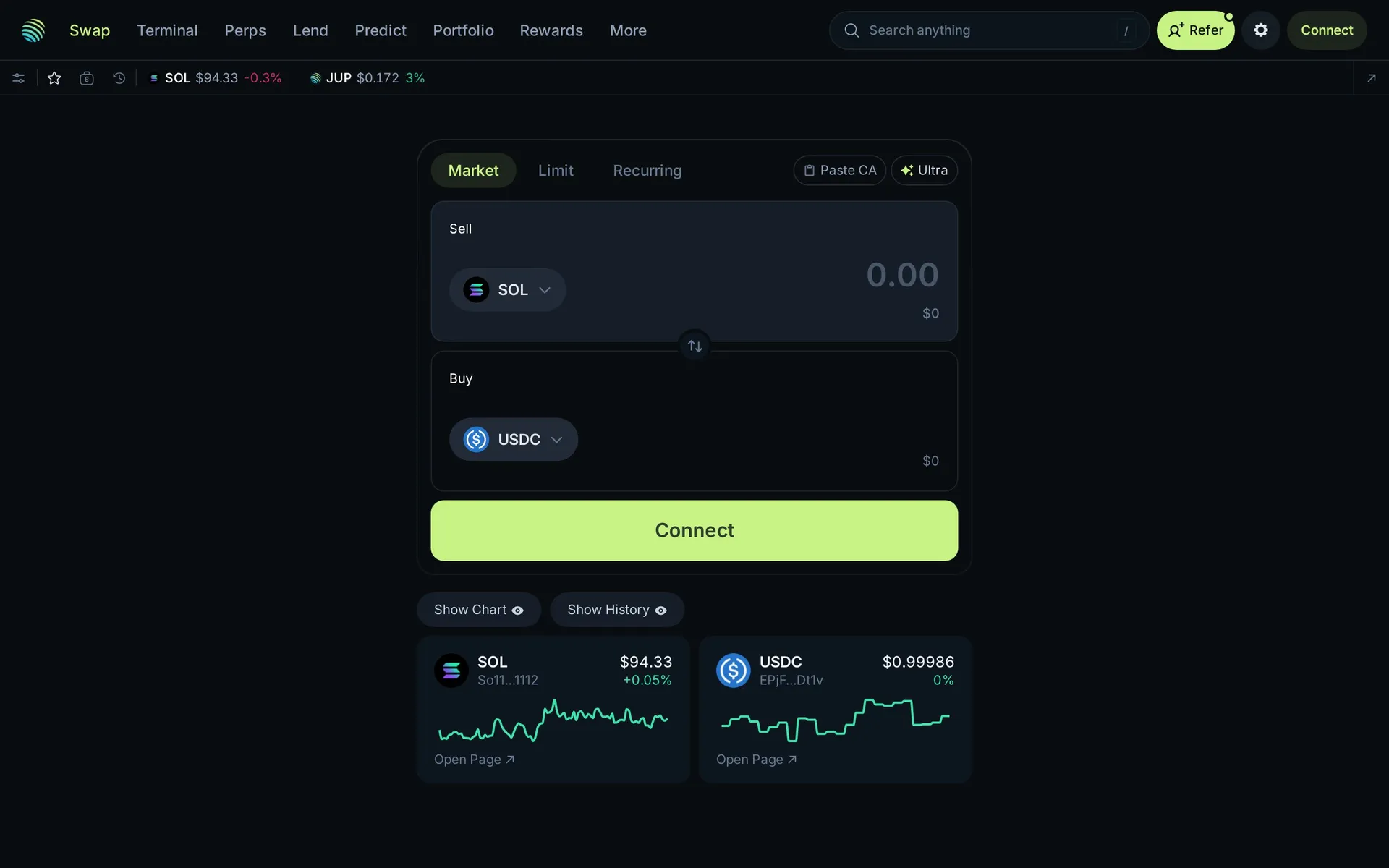주피터 DEX 스왑 인터페이스 - 솔라나에서 SOL을 USDC로 스왑