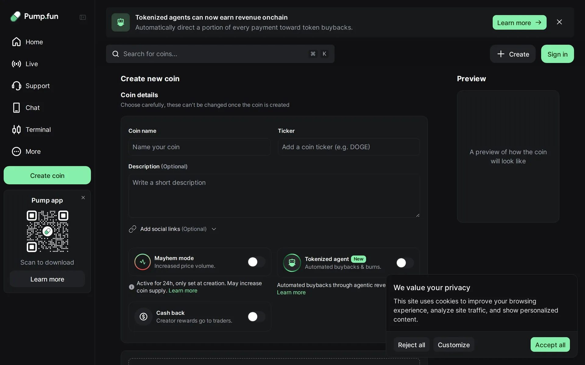 Página de criação de token do Pump.fun mostrando campos para nome, ticker, upload de imagem e links sociais