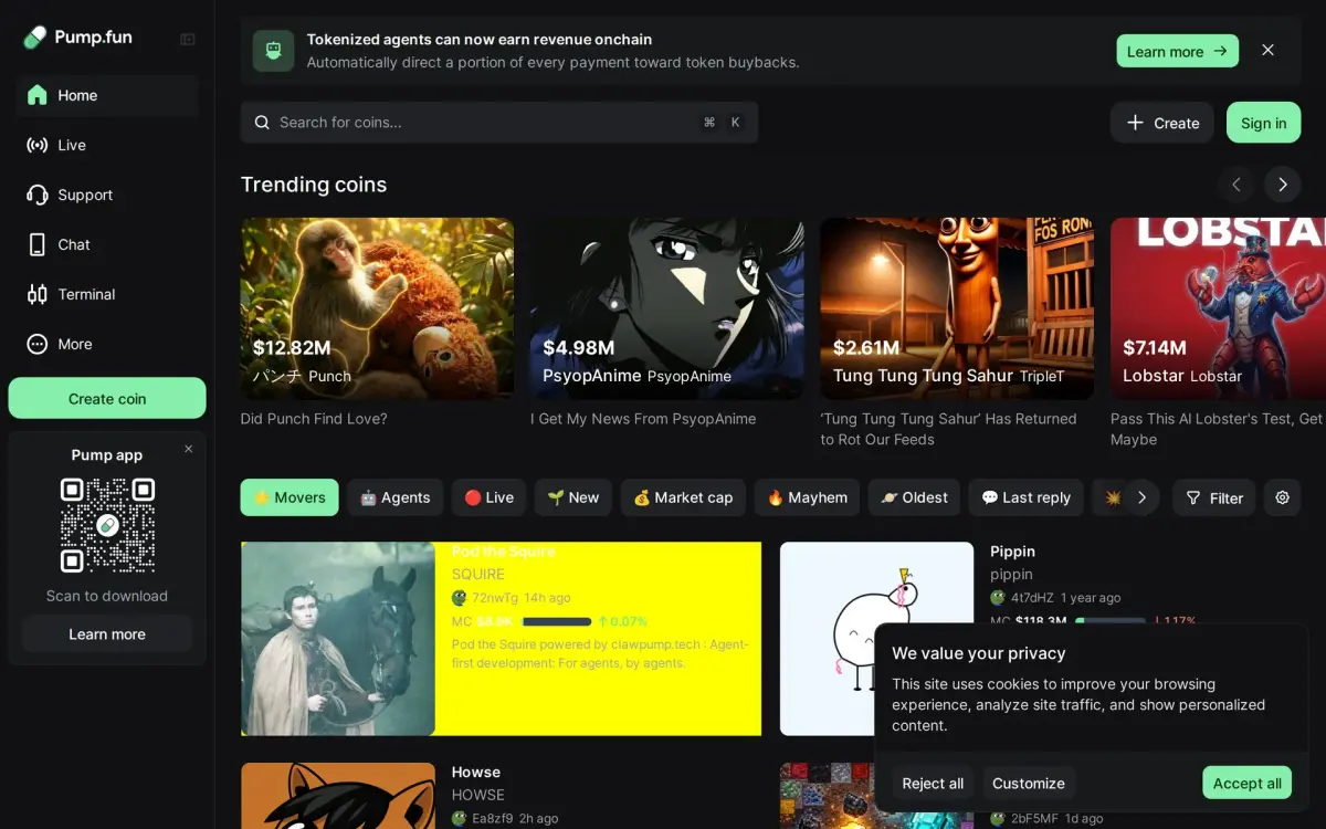 Página inicial do Pump.fun mostrando feed de tokens ao vivo e memecoins em alta na Solana