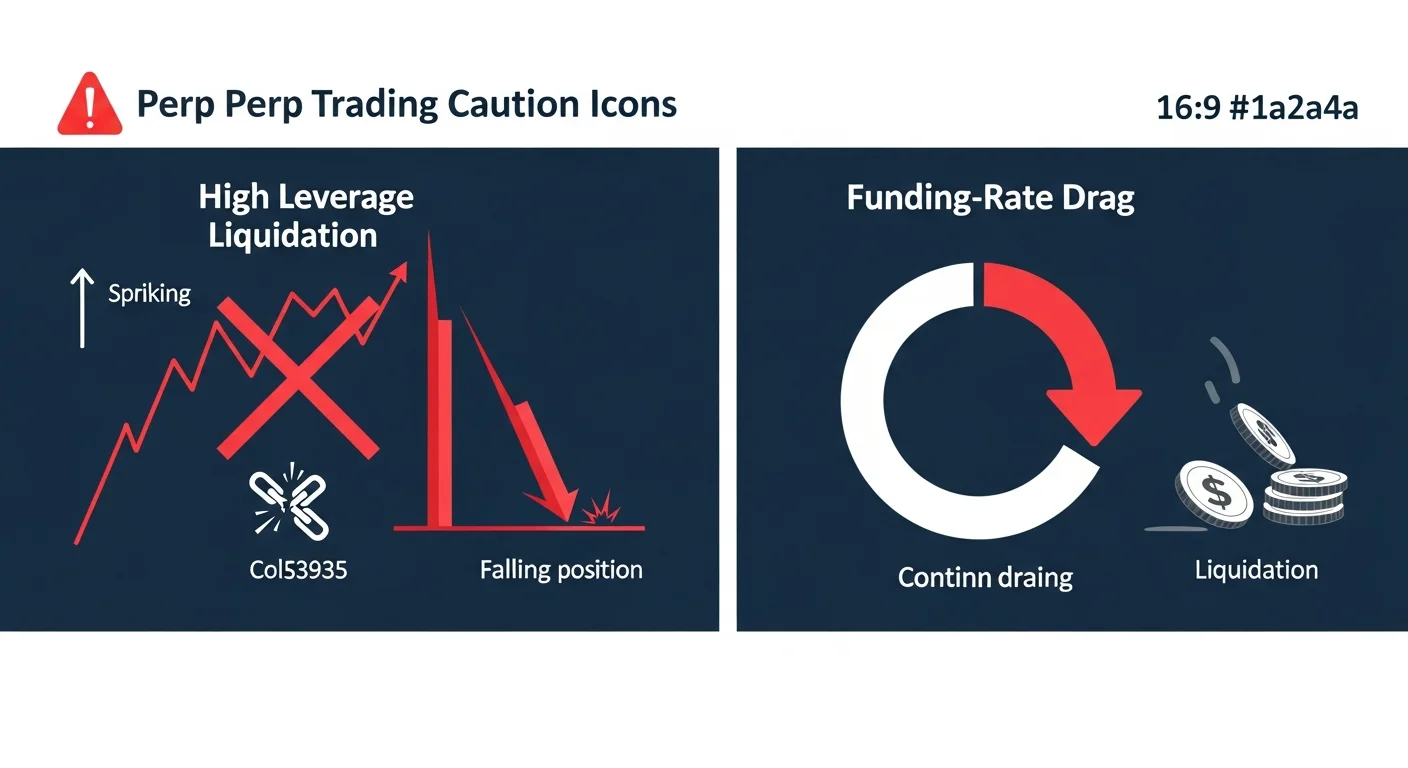 Four-panel illustration of perp trading caution icons: high leverage, funding drag, entry slippage, sizing error