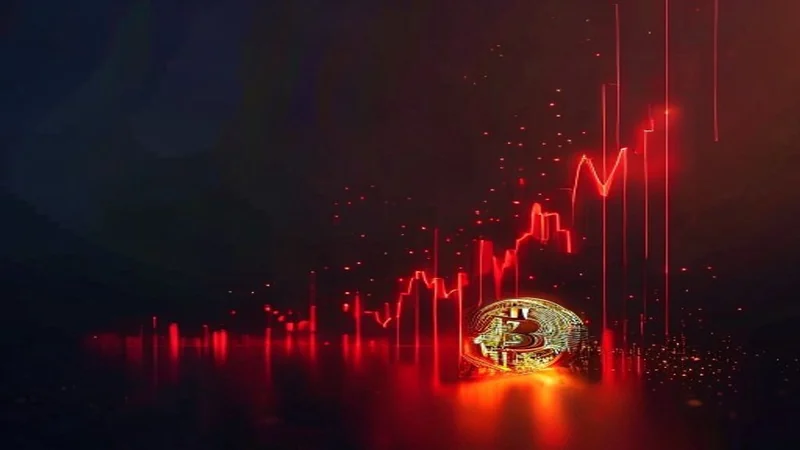 Abstract glowing red corporate stock chart falling beside a luminous bitcoin reserve