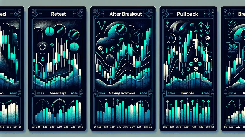 Three swing trade entry setups: breakout retest, pullback to moving average, range bottom