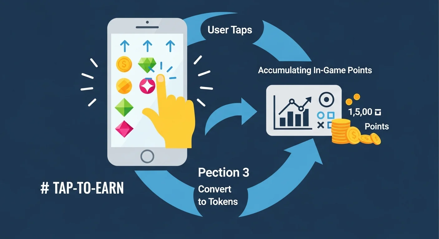 Diagramm der Tap-to-Earn-Schleife: tippen in der Mini App, Punkte sammeln, Airdrop-Umwandlung, Handel auf TON DEX